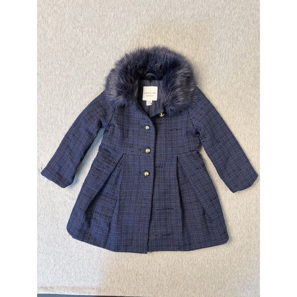 Janie Jack Navy Boucle Tweed Faux Fur Collar Coat 18-24M Old Money Quiet Lux